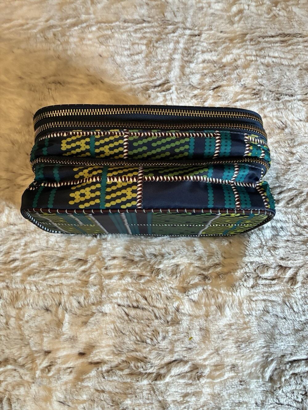 Sonia Kashuk Blue Teal Green Cosmetic Case Small Zip Organizer Plaid Bag Pouch